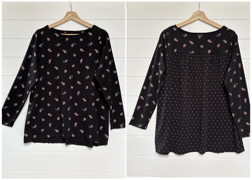J Jill Black Paisley Long Sleeve Blouse Top Size L Cotton Modal Mixed Print Boho